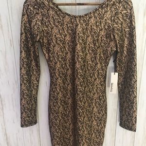 Haute Monde Black and Gold Leaf Pattern Mini Dress